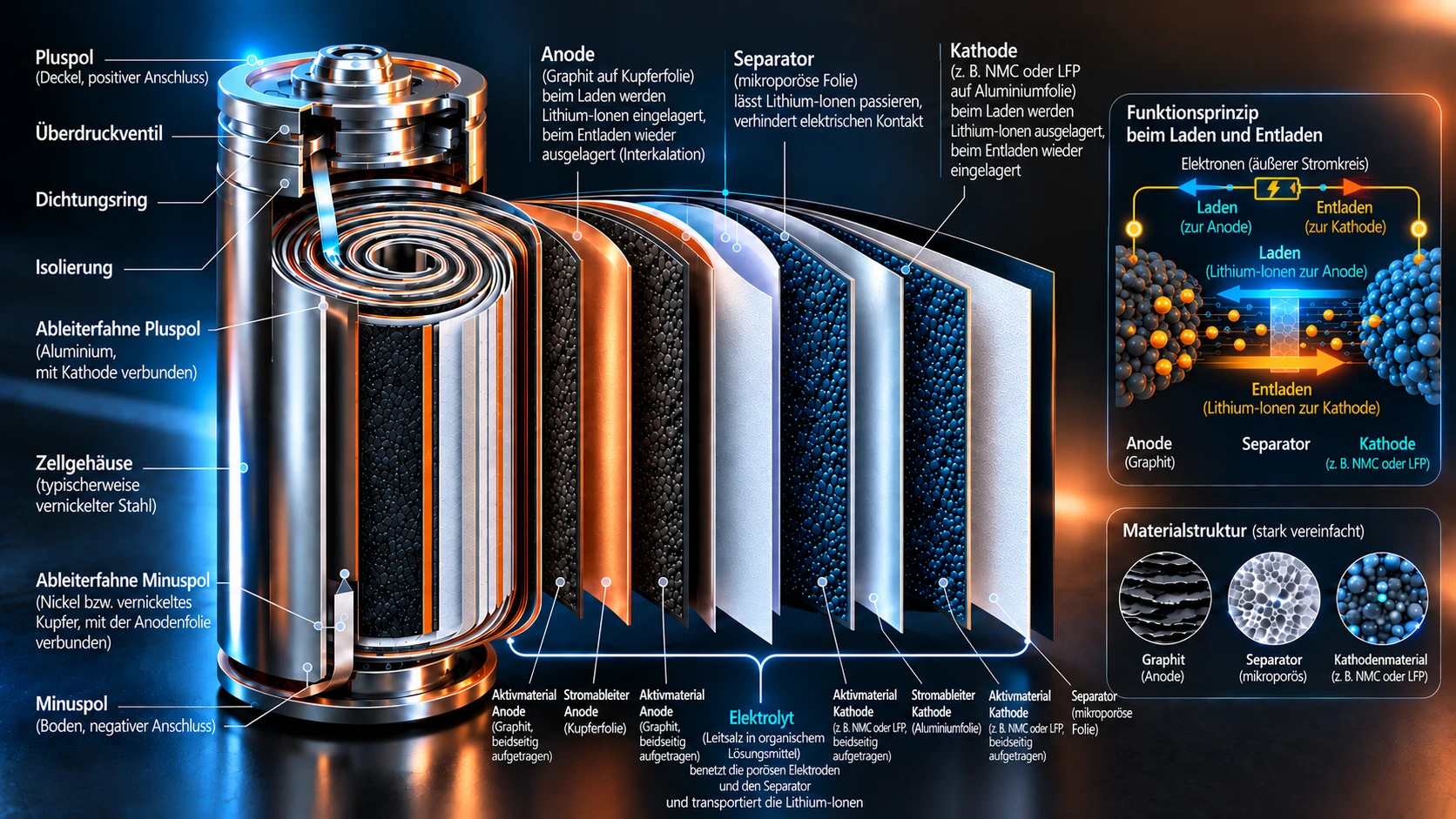 Aufgeschnittene Lithium-Ionen-Rundzelle mit aufgefächerten Elektrodenschichten und zwei erklärenden Nebenbildern.